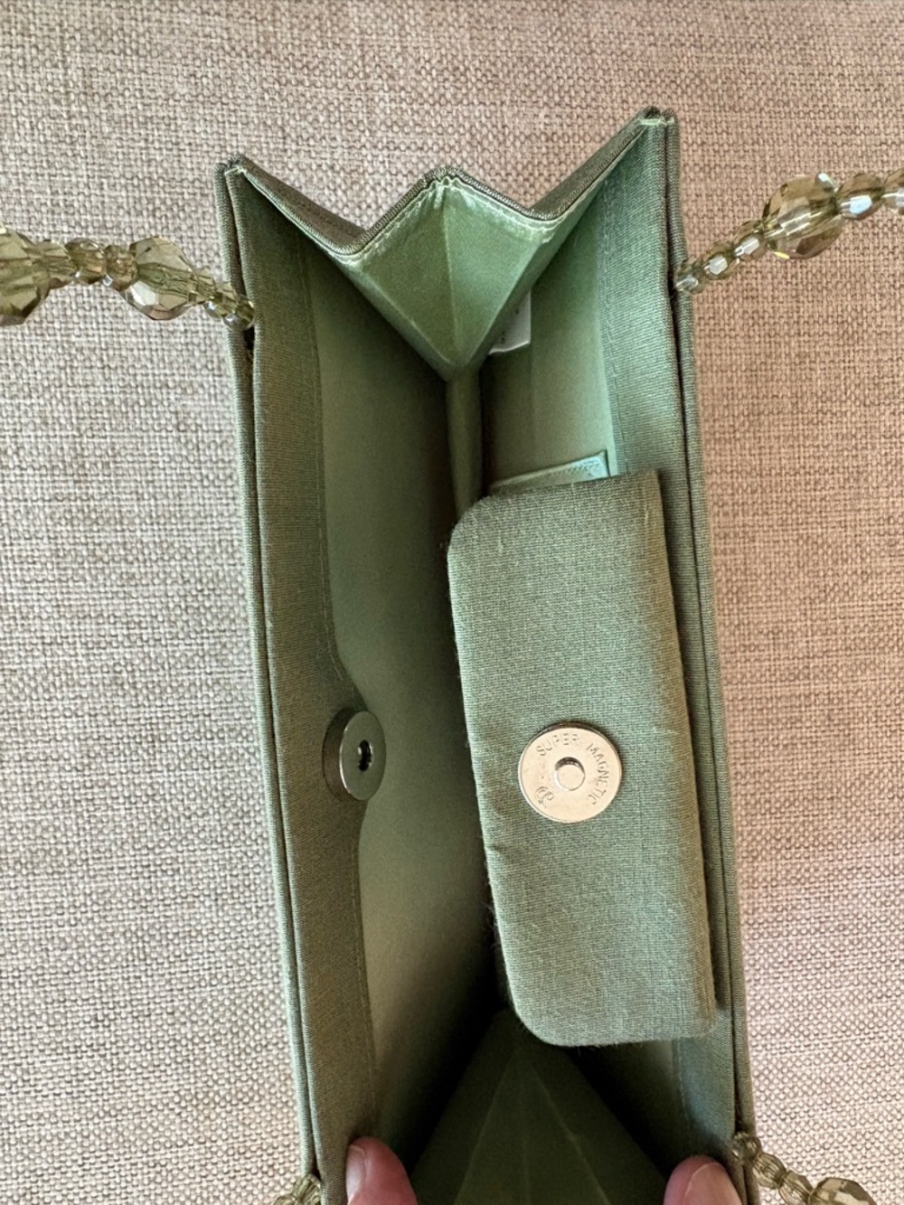 Talbots Sage Green Linen Silk Mini Bag Beaded Handle Structured Evening Clutch - Picture 5 of 10